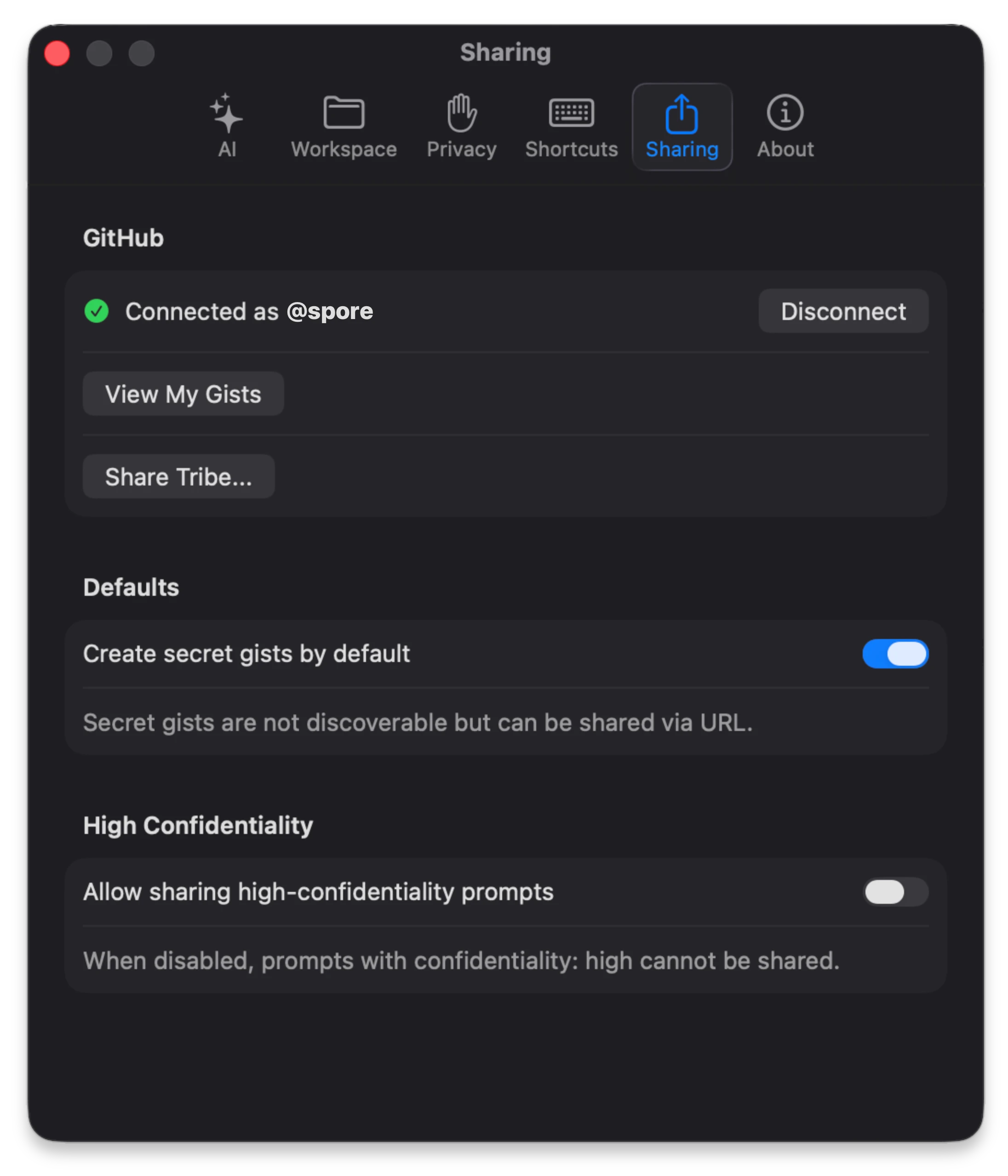 GitHub connection settings